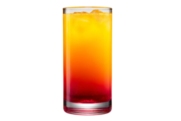 A glass of orange and pink drink with ice