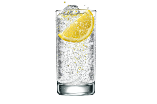 A glass of water with a slice of lemon in it
