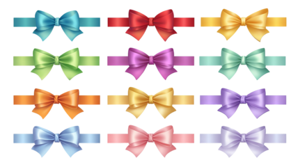 Colorful ribbon banners and bows icon set – flat vector decoration collection, high-resolution PNG cutouts on transparent background, isolated clipart for labels, badges, gift wrapping and sale tags