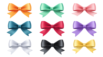 Colorful ribbon banners and bows icon set – flat vector decoration collection, high-resolution PNG cutouts on transparent background, isolated clipart for labels, badges, gift wrapping and sale tags