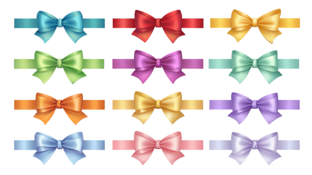 Colorful ribbon banners and bows icon set – flat vector decoration collection, high-resolution PNG cutouts on transparent background, isolated clipart for labels, badges, gift wrapping and sale tags