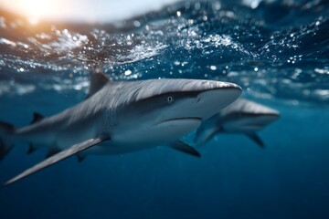 Close-up of sharks swimming in pristine ocean waters