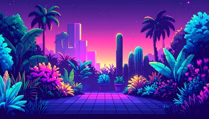 Synthwave Tropical Paradise: Pixel Art Cityscape at Sunset