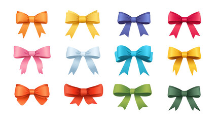 Obraz premium Colorful ribbon banners and bows icon set – flat vector decoration collection, high-resolution PNG cutouts on transparent background, isolated clipart for labels, badges, gift wrapping and sale tags