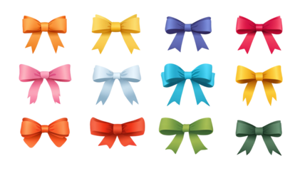 Colorful ribbon banners and bows icon set – flat vector decoration collection, high-resolution PNG cutouts on transparent background, isolated clipart for labels, badges, gift wrapping and sale tags