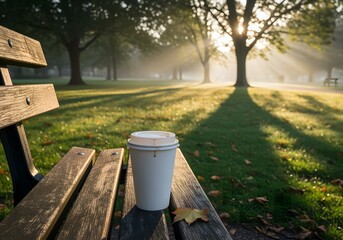 A solitary paper cup of coffee rests on a weathered wooden park bench, bathed in the soft, hazy glow of early morning sunlight filtering through trees.
