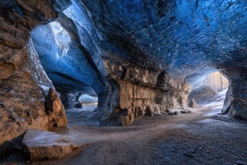 Ice cave interior, vibrant blue ice formations, dramatic rock formations