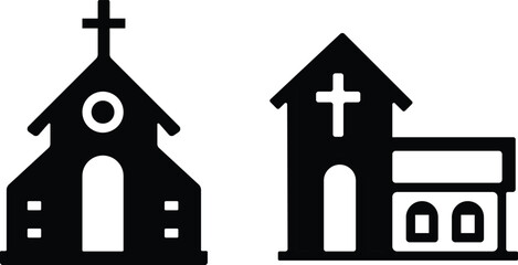 Church building icon set. A collection of flat black vector illustrations representing various church structures in a simple design.Stroke and perfect pixel isolated on transparent background.