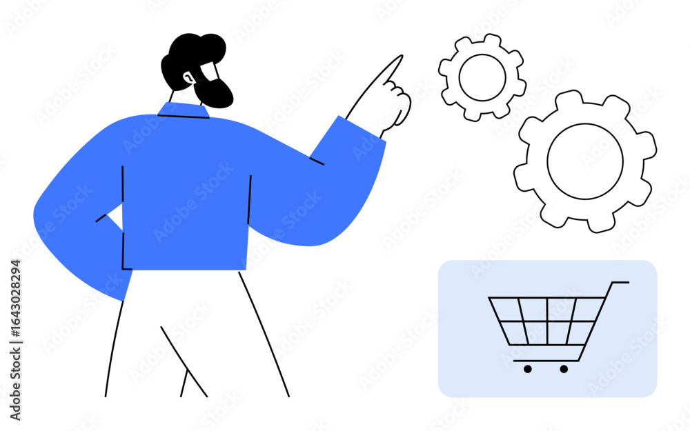 Poster man pointing at interconnected gears beside a shopping cart graphic, symbolizing system automation, 