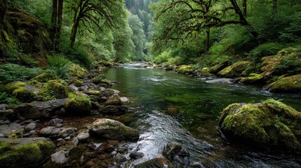 Obraz premium Serene river flows through lush, mossy forest