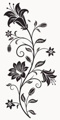 Minimilist black floral design featuring lilies and small flowers on a winding stem with leaves and buds design vector