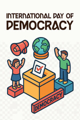 International Day of Democracy scene with diverse people raising their hands in support of democracy, showing participation and advocacy for voting
