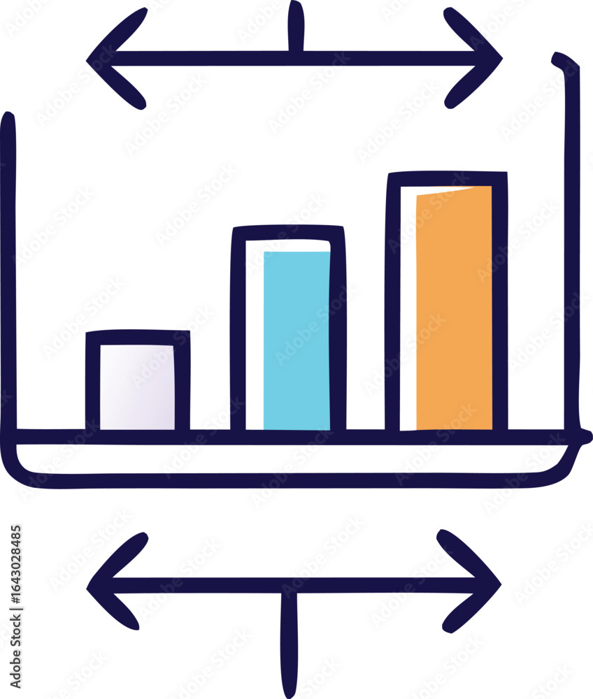 Poster hand drawn bar chart illustrating increasing data trends with horizontal arrows indicating measureme