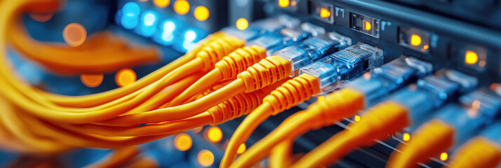 fiber optic internet cables and wires connected to server in server room close-up. Telecommunication technologies and equipment. Network online data center