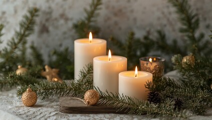Cozy Christmas Still Life with Candles, Pine Branches and Gold Ornaments.