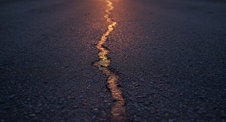 Crack in the pavement reflecting sunlight at sunset, road damage and deterioration.