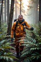 Obraz premium A search-and-rescue team member with a two-way radio carefully works through debris, searching for survivors after a disaster.