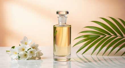 Perfume bottle with rose and other spa beauty accessories isolated on a white background