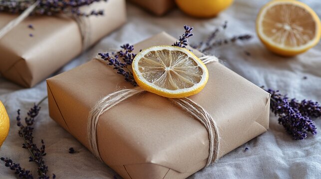 Wrapped gift with lemon slice and lavender sprigs on a linen tablecloth