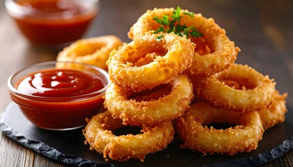 Crispy panko onion rings stack with ketchup bowl on black slate — angled close-up