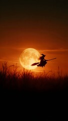 A witch flying on a broom in front of a full moon, conjuring an eerie atmosphere for Halloween. The dark silhouette against the orange sky creates a spooky and mysterious scene.