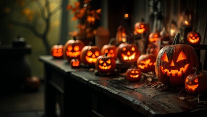 Obraz premium A mesmerizing Halloween display of glowing carved pumpkins casting an eerie light, perfect for the spooky season. Their faces radiate, enhancing the festive, haunting ambiance.