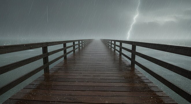 Dark and Stormy Night on a Wooden Pier Overlooking a Misty Sea, Tropical Storm Erin