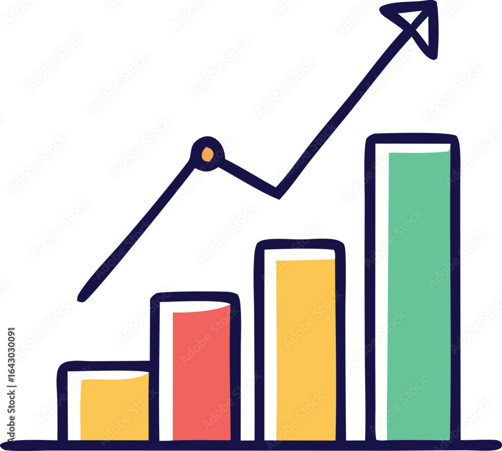 Poster hand drawn bar graph with ascending line chart showing positive growth and increasing trend over tim