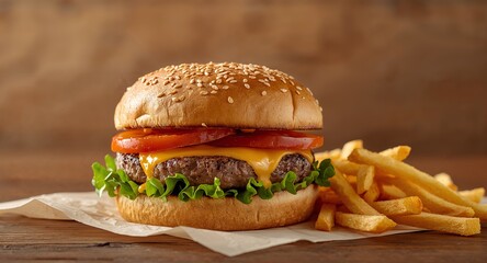 Delicious cheeseburger with fresh tomatoes and golden fries on a wooden surface.