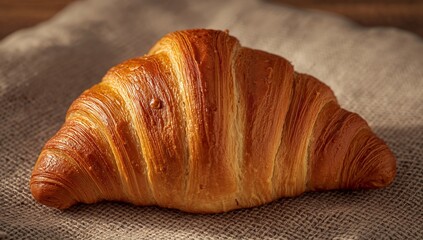 Delicious Golden Brown Croissant, CloseUp on Burlap Background, Bakery Perfection.
