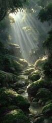 Obraz premium Sunbeams pierce a lush, mossy forest, illuminating a tranquil stream winding through rocks
