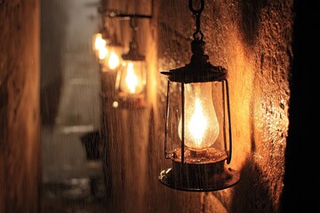Warm lamps hang in a damp stone passageway