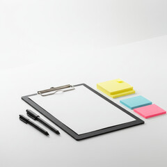 Minimalist Stationery Set With Clipboard, Sticky Notes, And Pens On White Background
