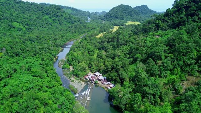 Aerial View of Riverside Recreation Area Surrounded by Lush Tropical Forest in Sumatera