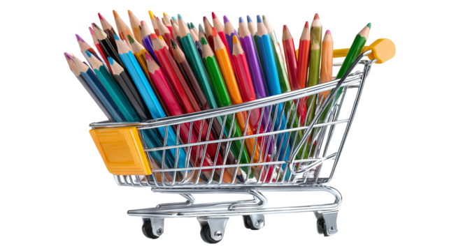 Shopping cart filled with school supplies isolated on transparent background, high-resolution PNG cutout for back-to-school design, education branding, stationery mockups, e-commerce listings