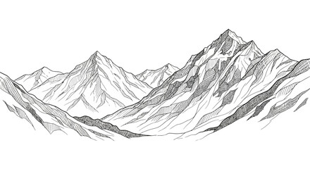 Detailed line art depiction of majestic mountain ranges landscape illustration