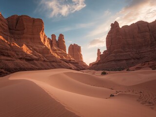 Naklejka premium Desert Landscape with Sand Dunes and Towering Rock Formations, Monument Valley.