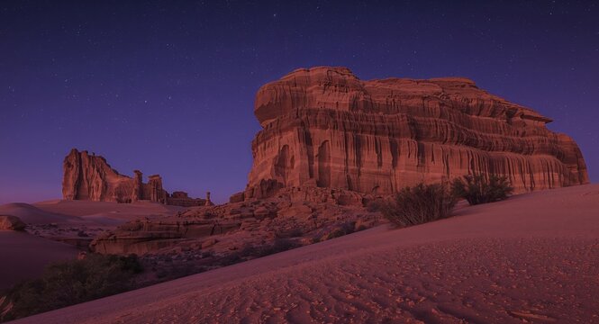 Desert Majesty. Majestic Rock Formations Under a Starry Purple Sky, Al Ula, Saudi Arabia.