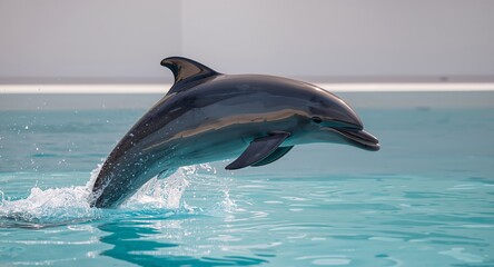 Fototapeta premium Dolphin Jumping Out of Water, Splashing and Displaying its Sleek and Muscular Body.