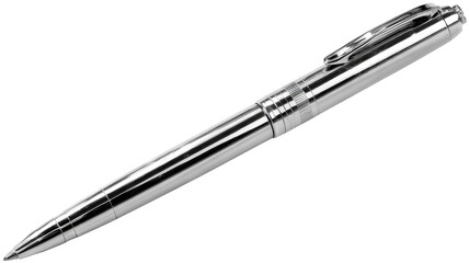 Silver ballpoint pen isolated on transparent background — high-resolution PNG cutout with realistic metal finish for stationery mockups, office and school branding, minimalist writing tool clipart