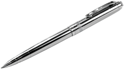 Silver ballpoint pen isolated on transparent background — high-resolution PNG cutout with realistic metal finish for stationery mockups, office and school branding, minimalist writing tool clipart