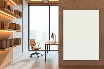 Fototapeta na wymiar Vertical blank poster mockup on brown wall inside modern office interior with bookshelves, desk, chair, and city view through large window. 3D Rendering