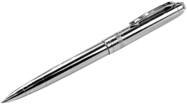 Silver ballpoint pen isolated on transparent background — high-resolution PNG cutout with realistic metal finish for stationery mockups, office and school branding, minimalist writing tool clipart