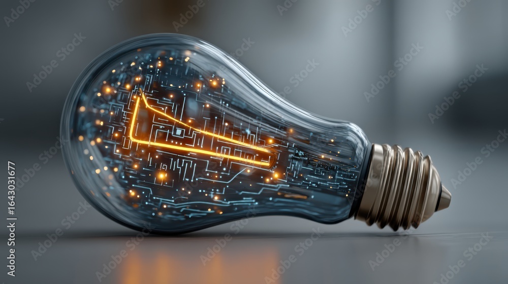 Poster a futuristic light bulb design with a circuit pattern, symbolizing innovation and technology.