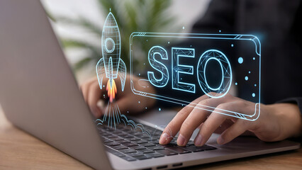 Accelerate your business growth with dynamic SEO strategies and a powerful rocket launch visual, boosting online visibility and success