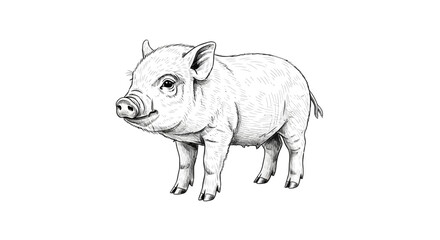 Fototapeta premium Detailed monochrome illustration of a charming young piglet on white