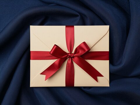 Elegant Gift Envelope with Red Ribbon Bow on Dark Blue Fabric Background.