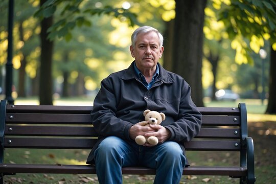 A middle-aged man with a tired but gentle expression sits alone on a park bench, portraying a moment of quiet reflection or contemplation. - Powered by Adobe