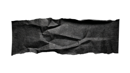 Wrinkled torn black adhesive tape piece — isolated cutout on transparent background, realistic textured sticker label with copy space, high-resolution PNG-style element for collage, scrapbooking