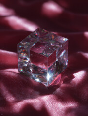 Transparent Glass Cube on a Red Fabric Background
